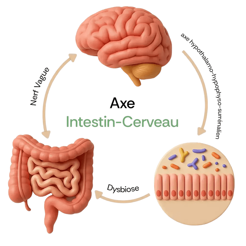 Schéma de l'axe intestin-cerveau : le cerveau, l'intestin et la flore intestinale reliés par le nerf vague