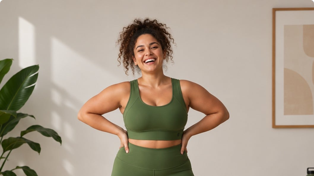 Femme souriante en tenue de sport, les mains sur les hanches, dans un salon lumineux